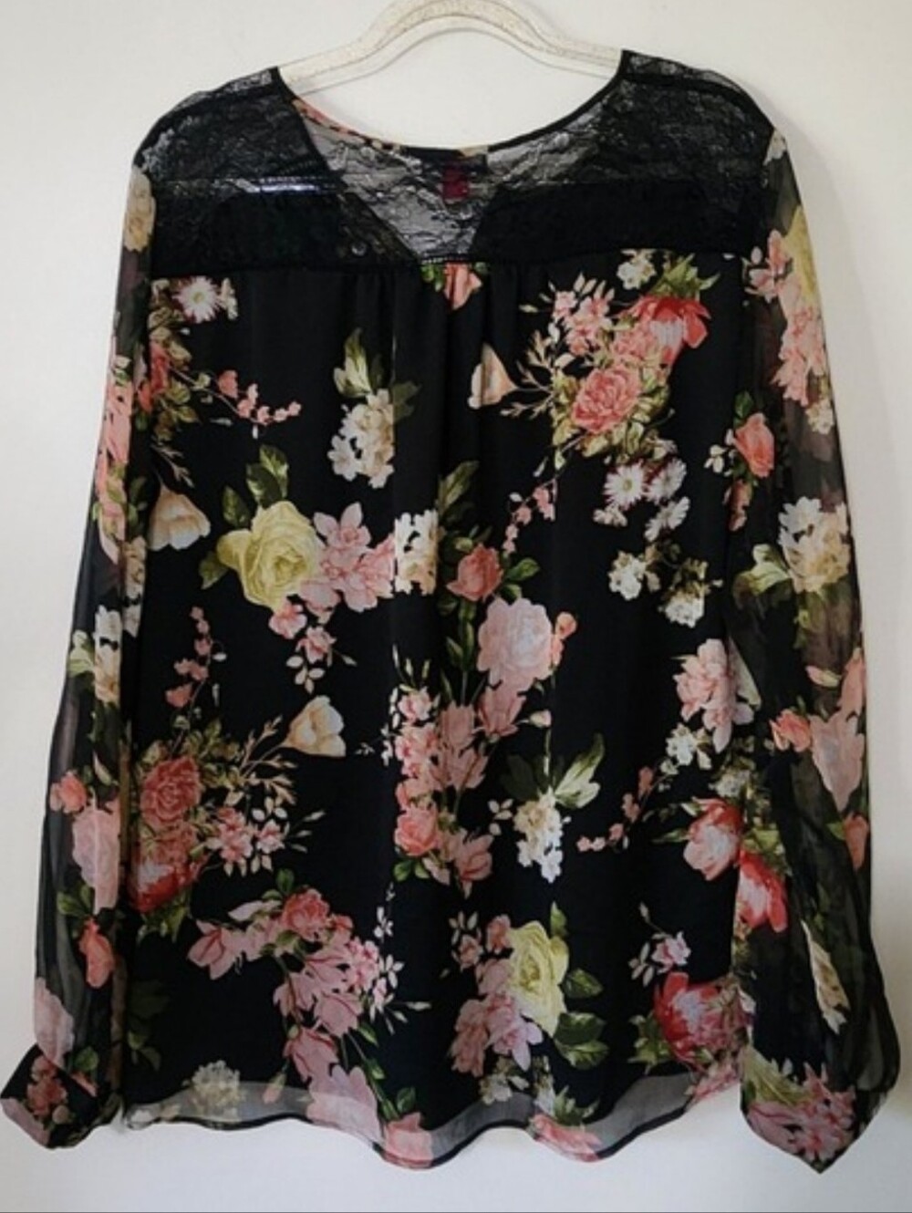 Moody Floral Top Black Lace Detail Sheer Sleeves Whimsigoth Fairy Grunge Large